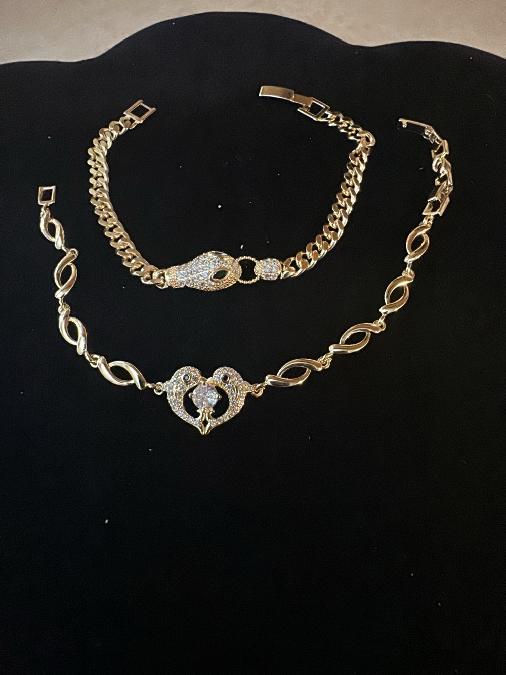 2 piece Gold-filled Crystal Heart & Snake Chain Bracelet Set - Picture 1 of 8